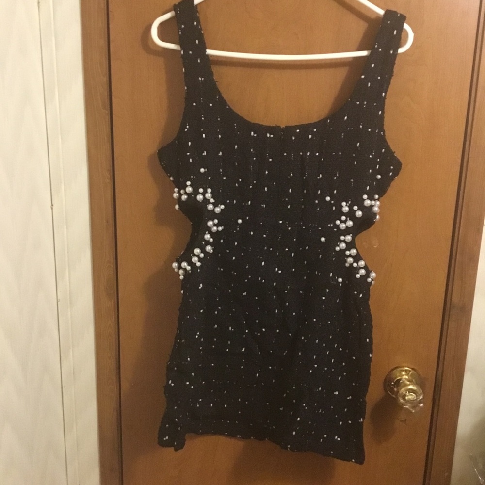 Black Texture Tweed Weave Cutout Mini Dress With Faux Pearls L - Picture 9 of 16